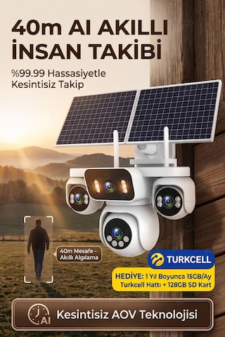 4 Kameralı Solar Panelli Güneş Enerjili Uzaktan Kontrol ,7/24 Aralıksız Kayıt, 2 Solar Panel,aı