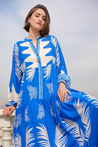 Gabria Ön Düğmeli Desenli Viskon Elbise Saks