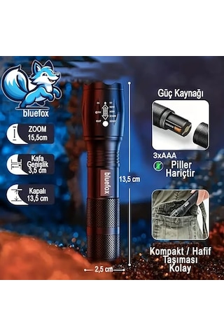 Güçlü Led El Feneri, 10w Ultra Parlak Işık, 5 Farklı Mod, Zoom Özellikli, Dayanıklı Aluminyum Gövde Genel