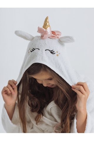 Formeya Kapşonlu Çocuk Bornoz %100 Pamuklu Su Emici Unicorn Beyaz - Pudra