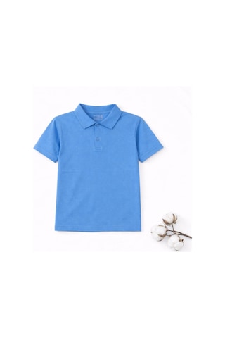Stero Mavi Gökmavisi Okul Tişörtü Unisex Kısa Kollu Polo Yaka Pamuklu Düz Renk Mavi
