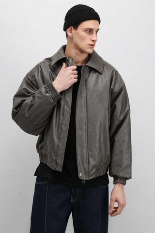 Vamos Oversize Deri Bomber Ceket Vizon