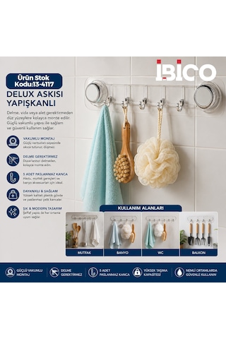 İbico İ13-146 Delux Vakumlu Askı - 5 Kollu Plastik 38,5 Cm Yapışkanlı- 10'li Paket Diğer