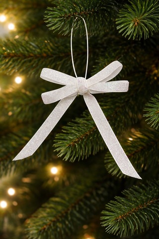 Paşateks 5li Set Simli Beyaz Fiyonk Askılı Yılbaşı Noel Ağaç Süsü Ve Dekoratif Kurdele
