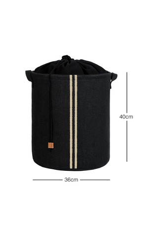 Ocean Home Textile Ağzı Büzgülü Çizgili Siyah Renk Jüt Çamaşır Sepeti 36 x 40 cm