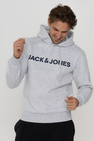 Jack & Jones Erkek Logo Baskili Kapüsonlu Sweatshirt - Deldrick 12193083 White Melange Siyah