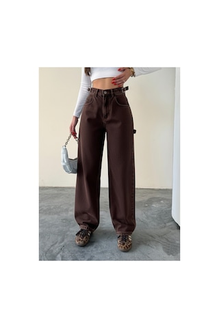 Bluemarlin Yan Kemer Kahve Tokalı Kargo Cep Detaylı Baggy Jeans Kahve Taş Yıkama