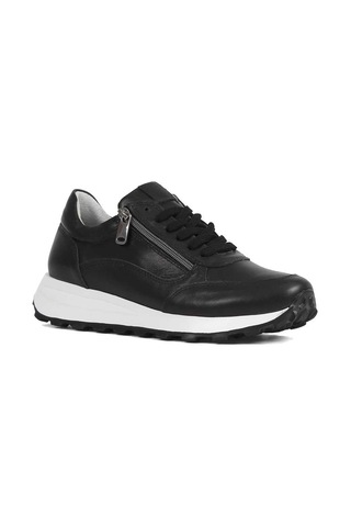 Kadın Siyah Bağcıklı Fermuarlı Deri Sneaker