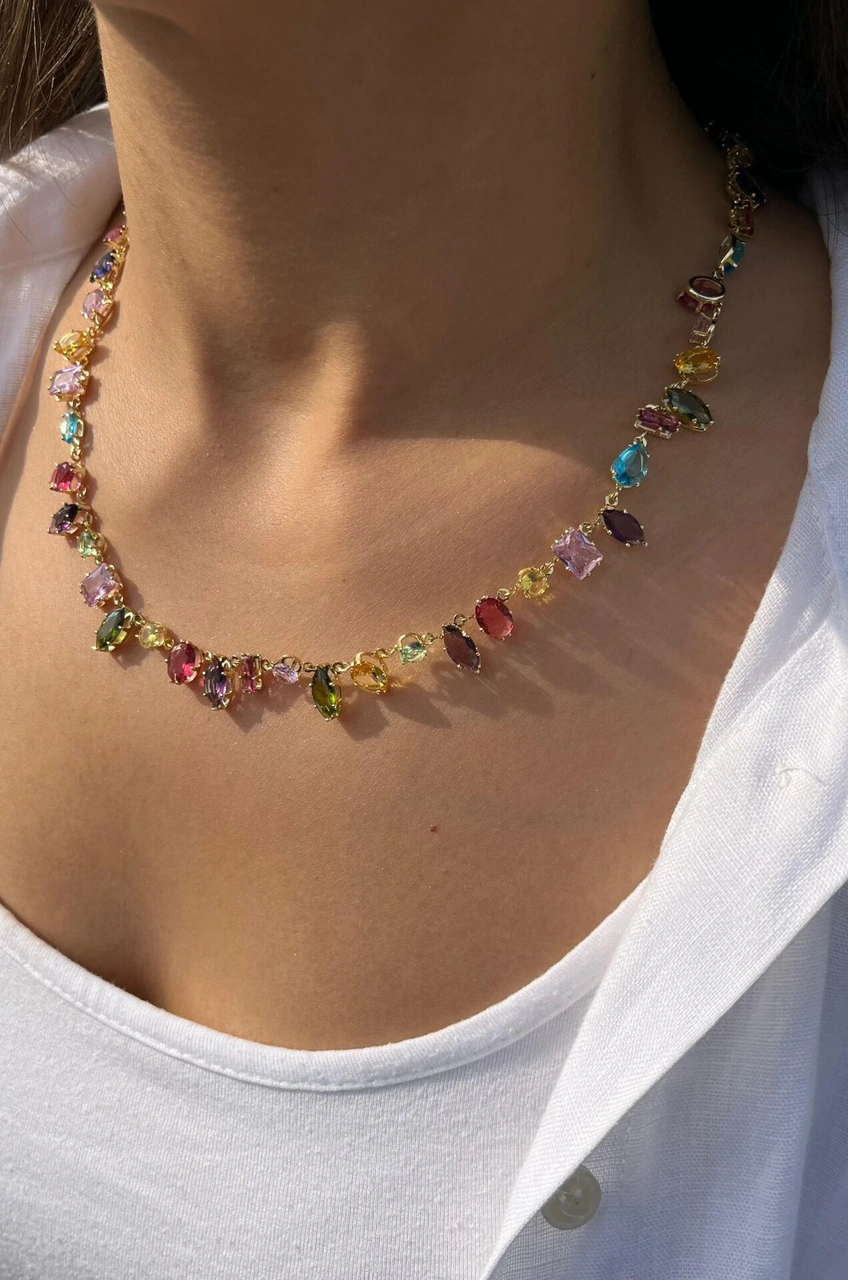 Zirkon Renkli Taşlı Gema Kolye Çok Renkli