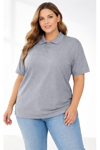Novalisse Kadın Battal Beden Tişört Polo Yaka Pike Kumaş Kısa Kol T-shirt - Gri Çoklu Renk