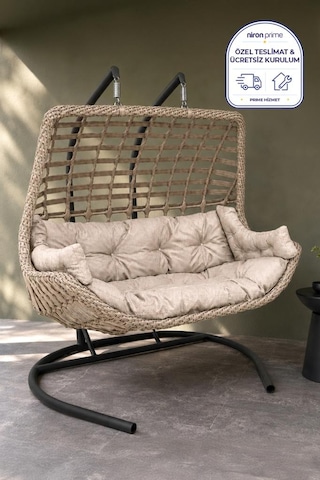 Niron Balina Çift Kişilik Rattan Bahçe Salıncağı Cappucino - Minderli Konfor Sütlü Kahverengi