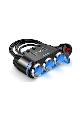 Fochsia Kablolu Siyah Akıllı 3'lü Oto Çakmaklı Usb Şarj Aleti Led Voltaj Göstergeli Araç Şarj Adaptörü