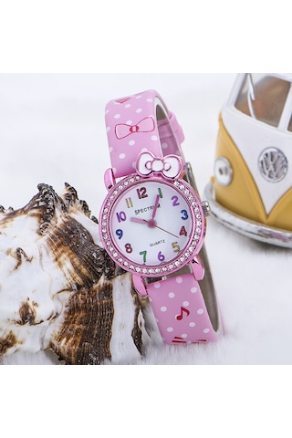 Pembe Taşlı Kasa Müzik Notalı Pembe Deri Kordonlu Kız Çocuk Saati ST-303600