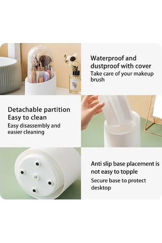 Sones Qy7155 Makyaj Fırçaları İçin Şeffaf Döndürülebilir Toz Geçirmez Saklama Kovası Beyaz