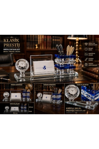 Premium Hediye Ofis Kristal Cam Saatli Kalemlik Kartvizitlik Yönetici Masaüstü Organizer Seti Mavi Çok Renkli