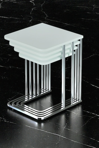 4'lü Tekerlekli Zigon Sehpa Gümüş Ayak Beyaz 18mm Mdf