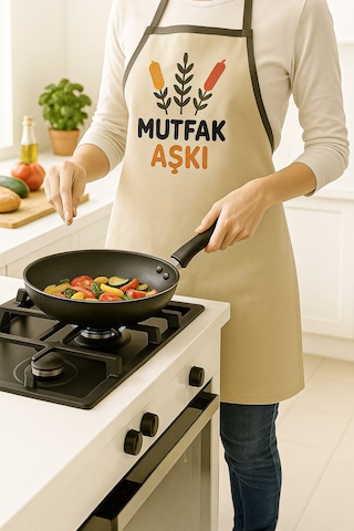 Mutfak Aşkı Nakışlı Keten Yıkanabilir Mutfak Önlüğü Standart Beden 1 Adet 50x70 Cm Bej