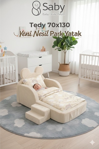 Saby Luxury Tedyy Baza Ve Başlıklı Montessori Full Sünger Yatak Seti - Bej