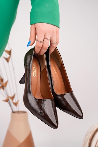 Nesilshoes Nesil Shoes Senyo K72 Kahve Rugan Baskı Topuklu Kadın Stiletto