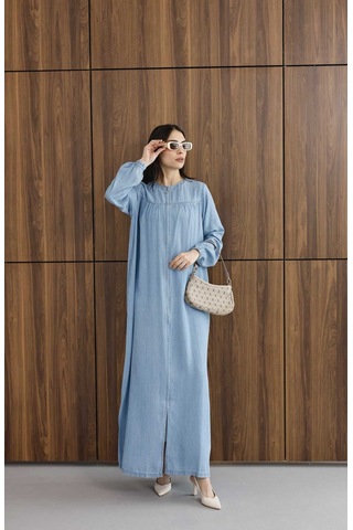 6470-denim Fermuarlı Ferace Mavi Mavi