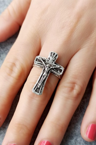 Antik Gümüş Kaplama Haç Şekilli El Yapımı Ayarlanabilir Unisex Yüzük