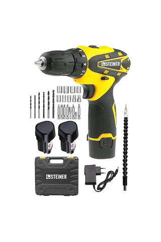 Steiner 36 V Sjs Çift Metal Şanzıman Çift Akülü Şarjlı Vidalama Matkap + 24 Parça Set Sarı