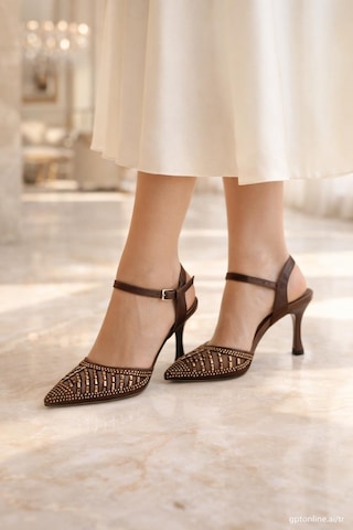 Modaonn Kadın Taş İşlemeli Slingback İnce Topuk Ayakkabı Kahverengi
