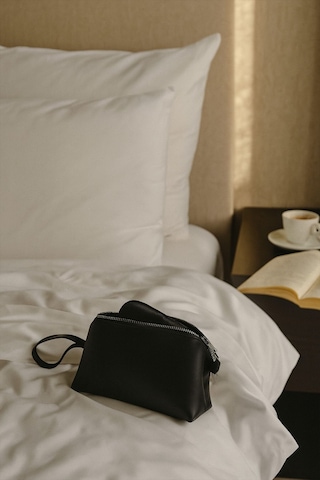 Siyah Deri Makyaj Çantası Kozmetik Seyahat Valizi Çanta Organizeri Orta Boy Düzenleyici Siyah