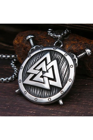 Paslanmaz Çelik Güç Simgesi Valknut Savaşçı Viking Kalkan Kolye Gümüş