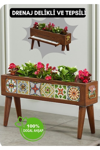 Halohope El Yapımı Ayaklı 6 Çinili Dekoratif Modern Ahşap Dikdörtgen Bahçe Balkon Saksı Saksılık Çiçeklik