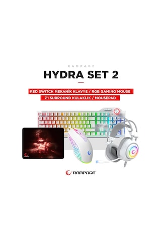 Rampage Hydra R6 Beyaz Red Switch Rm-k19 Beyaz Kulaklık Makrolu Rgb Mouse + Mousepad 4lü Oyuncu Seti Optik
