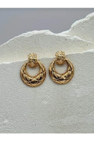 Kabartma Desenli Gold Renk Küpe Altın