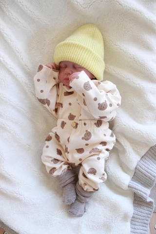 Ayıcık Baskılı Bebek Alt Üst Takım Ekru