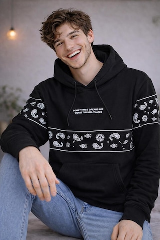 Starzone Kapüşonlu Smelardo Garden Tasarım Baskılı Sweatshirt Siyah