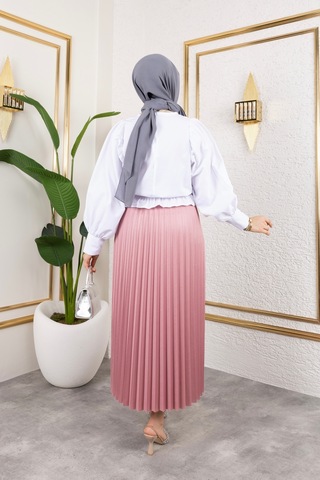 Hira Life Fashion Kadın Tesettür Giyim Ve Deri Görünümlü Beli Lastik Detayı İle Piliseli Uzun Etek Gül Gül