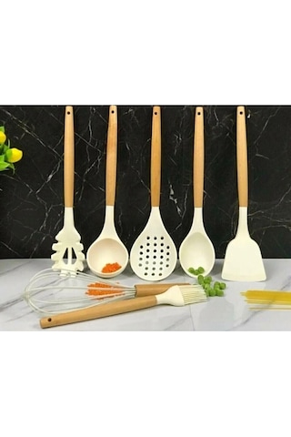 Bambu Saplı Silikon Kepçe Spatula Mutfak Seti 7 Parça Beyaz