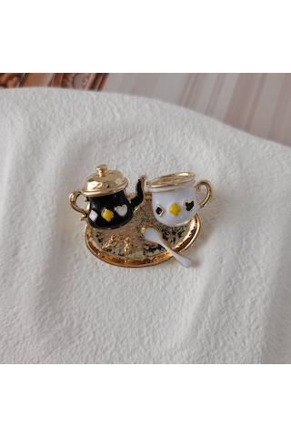 Lente Aksesuar Gold Detaylı Mini Çay Seti Broş-sevimli Çay Saati Yaka İğnesi Çok Renkli