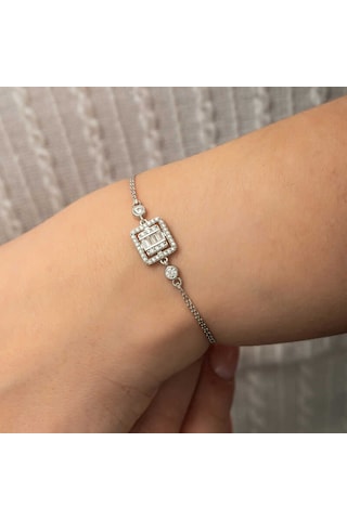 Gümüş Kare Baget Taşlı Kadın Bileklik Gümüş