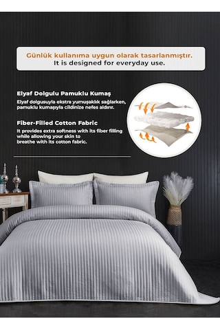 Evlen Home Judy Pamuklu Yatak Örtüsü Pike Takımı Çift Kişilik Çizgili Günlük Sade Düz Gri Gri