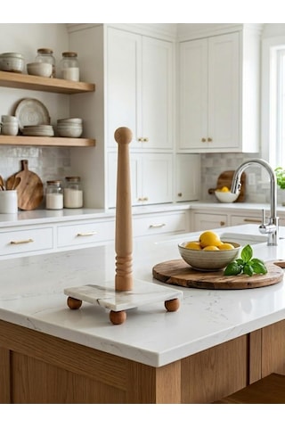Atbyhome Ahşap Detaylı Mermer Kağıt Havluluk Beyaz