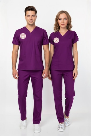 Unisex Byzantium Mor Soft Likra Scrubs Ebe Üniforma Takımı Sağlık Bakanlığı Yeni Yönetmeliğe Uygun Mor