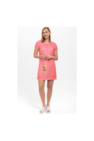 Pembe Çiçek İşlemeli Kısa Kollu Yazlık Astarsız Pamuklu Elbise Pembe