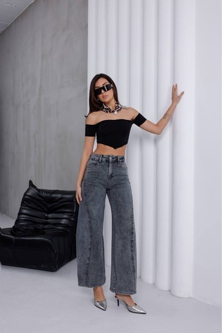 Zdnjeans Kadın Yüksek Bel Gri Wide Leg Palazzo Jean Pantolon Antrasit