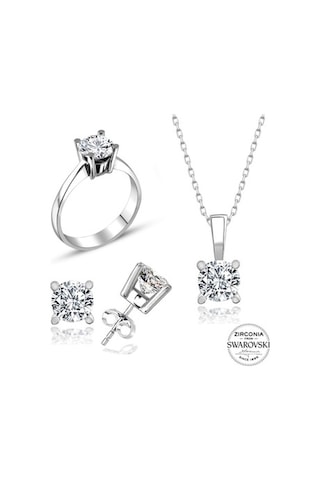 Sertifikalı Swarovski Taş Altın Modeli Tek Taş 925 Gümüş Set Takı