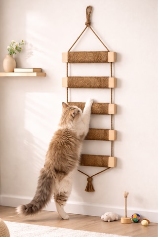 Ahşap Kedi Tırmanma Merdiveni Ve Duvar Köprüsü - Jüt İpli, 5 Basamak, 50 Cm