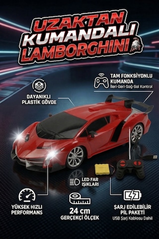 Uzaktan Kumandalı Şarjlı Araba 24 Cm Işıklı Ferrari & Lamborghini Model Full Fonksiyonlu Oyuncak Kırmızı Lamborghini