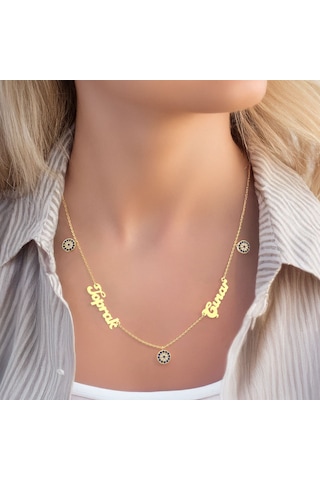 İndigo Takı Işıklı Kutuda Kişiye Özel Nazarlı İki İsimli Gümüş Kolye Gold