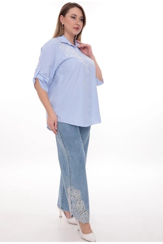 Lady Majestic Büyük Beden %100 Cotton Nakış Detaylı Çizgili Gömlek Şık Ve Rahat Mavi