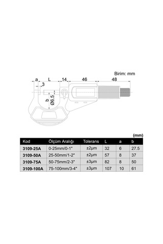 Insize 3109-25 Dijital Mikrometre 0-25 mm