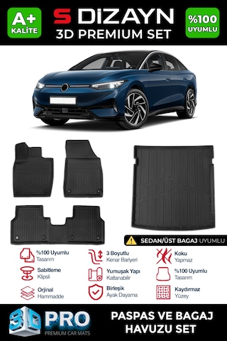 S-dizayn Vw Id7 D Pro Havuzlu Paspas Ve Bagaj Havuzu Seti 2'li Set 2023 Üzeri A+ Kalite